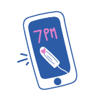 An illustration showing a phone receiving a reminder to practice using a tampon at 7pm.