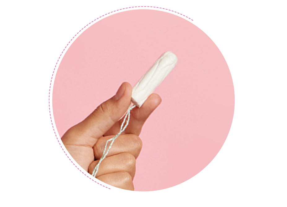 A hand holding a clean tampon against a pink backdrop.